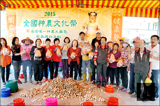 林內鄉九芎鎮安宮收購蒜頭,要為神農大帝祝壽,也讓信眾「吃平安」。(自由時報提供)