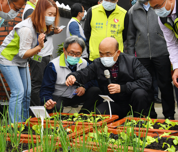 行政院長蘇貞昌(前右)23日視察桃園區農業改良場台北分場,瞭解物聯網監控澆灌蔬菜設施。