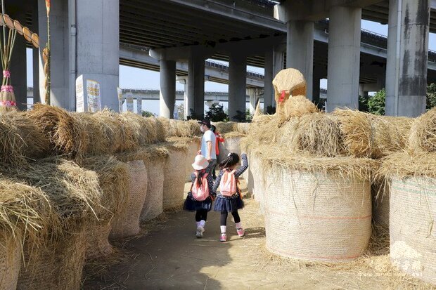 雲林縣大埤鄉公所舉辦稻草藝術節,600個稻草捲打造666坪稻草迷宮,親子玩得不亦樂乎。