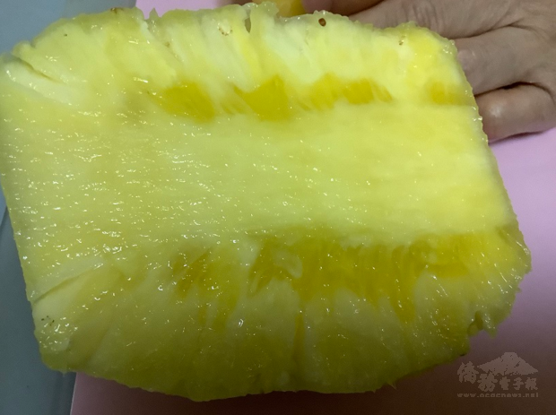 旅日作家劉黎兒在東京超市購買的完熟台灣鳳梨，深色部分是高糖度如蜜，非常美味。 圖：劉黎兒攝影