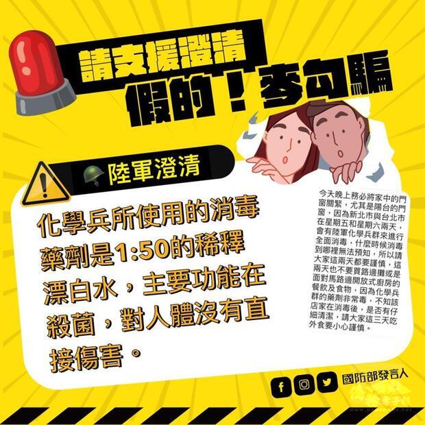 陸軍澄清化學兵所使用的消毒藥劑，對人體沒有直接傷害。（國防部提供）
