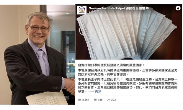 德國在台協會處長王子陶（左）表示，台灣至今防疫措施都相當成功，並向台灣表達崇高的敬意（左圖為駐德代表處提供、右圖為德國在台協會Twitter截圖）