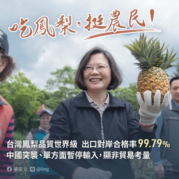 台灣民意基金會發布最新民調顯示，贊同蔡總統處理國家大事比例驟增至5成8。圖為蔡總統近期力挺台灣鳳梨。(蔡英文臉書)