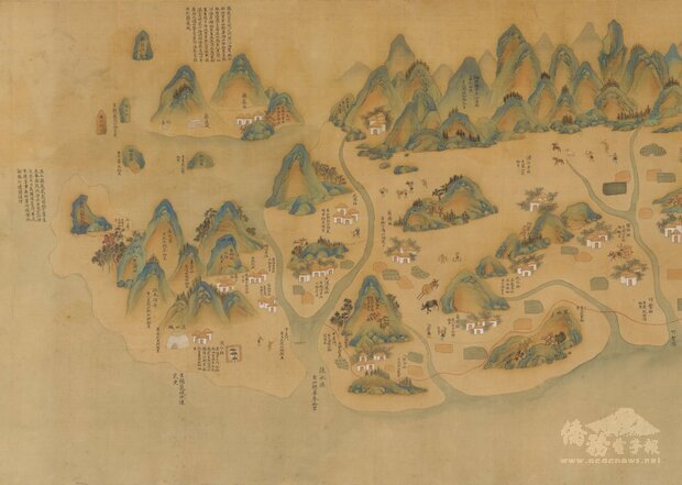 17、18世紀康熙中期繪製的「康熙台灣輿圖」(局部),可看到台灣西部由南到北的自然及人文景觀,特別是原住民形象與風俗的展現。(國立台灣博物館典藏/故宮提供)