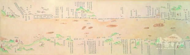 清朝所繪製的「長江地理圖」(局部),描繪長江中、下游段,述說兩岸防汛兵備之餘,江上舟船星布,說明其作為主要水路交通動脈的事實。(故宮提供)