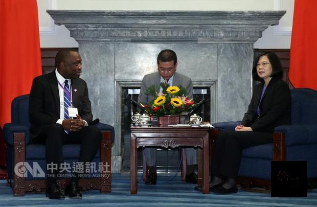 總統蔡英文（右）8日在總統府，接見海地共和國參議院議長拉托度（Youri Latortue）（左），感謝海地在國際場域堅定支持台灣。（中央社提供）