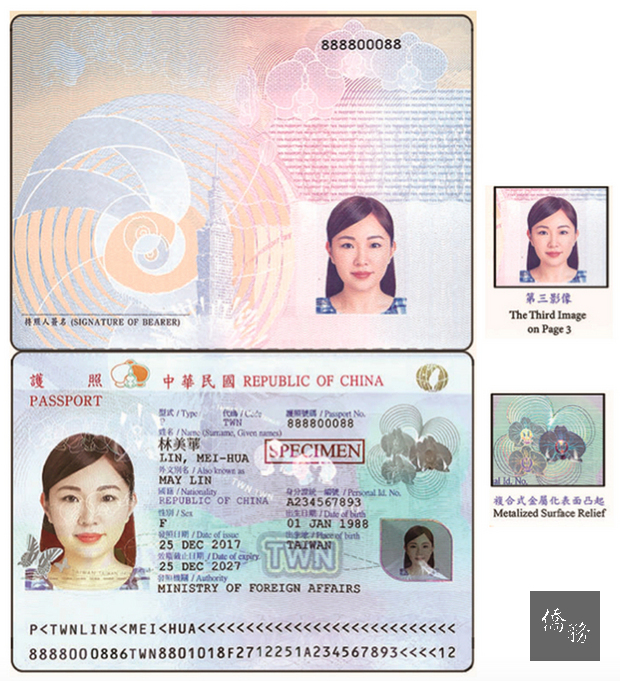 外交部18當表示,為使護照防偽功能再升級,即將發行第二代晶片護照(e-Passport),增加持照人第3影像、防偽膠膜採用「金屬化表面凸起」等,25日起民眾可申辦,且不調升護照規費。(外交部提供)