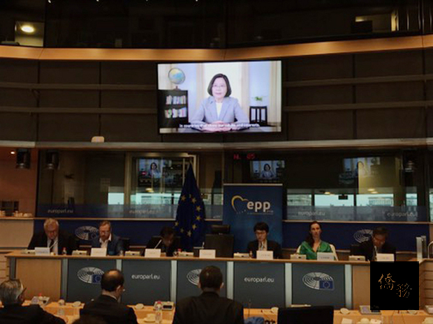 統蔡英文3日在歐洲議會發表錄影談話，強調中國正在破壞兩岸和平現狀，呼籲理念相同的歐洲國家共同支持台灣。（中央社提供）