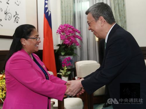副總統陳建仁（右）11日下午在總統府，接見中美洲議會議長艾瑪雅（Irma Segunda Amaya Echeverria）（左）等人，歡迎他們訪問台灣。（中央社提供）