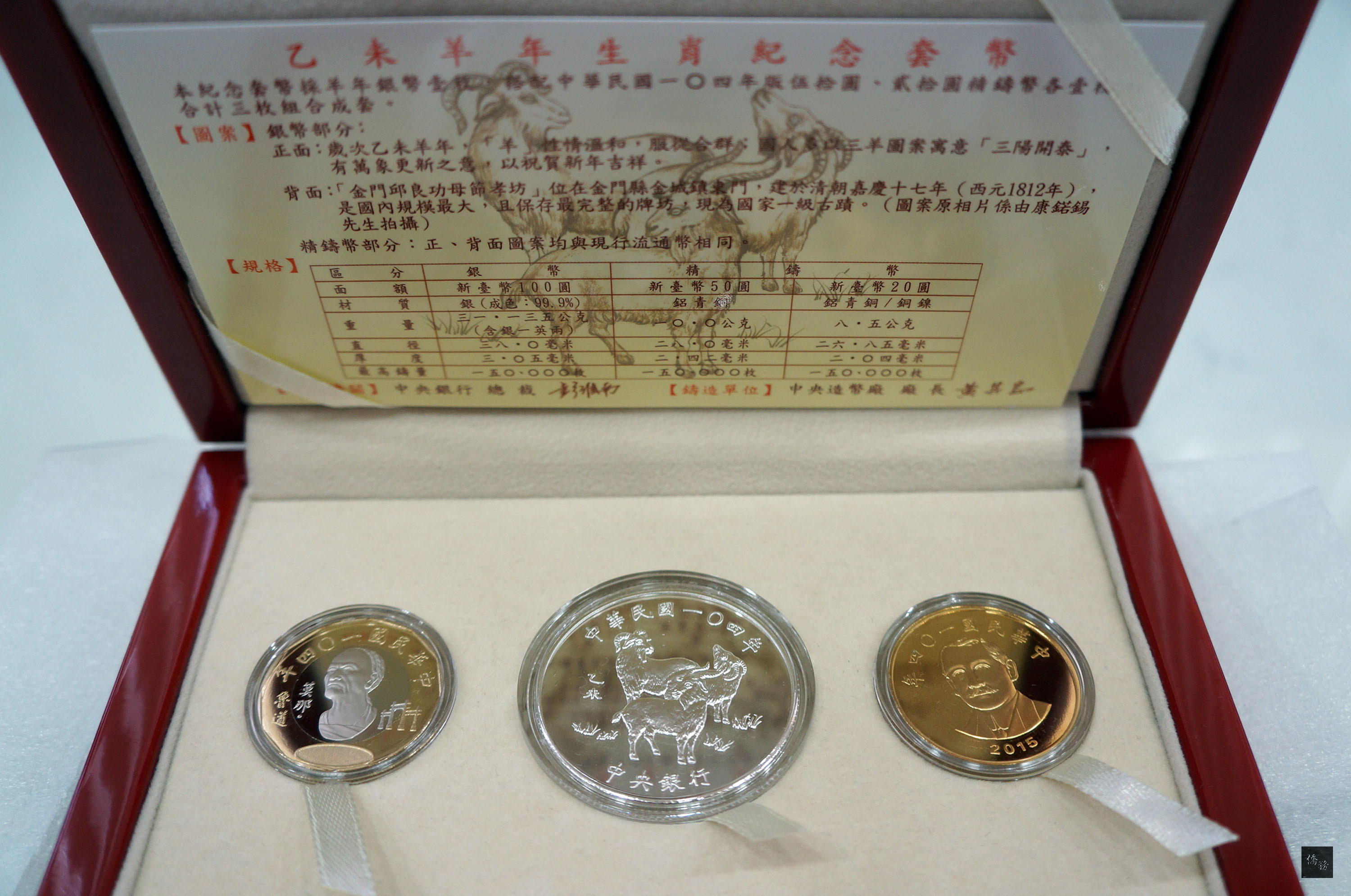 中央銀行13日宣布,將於22日委請台灣銀行公開發售「乙未羊年生肖紀念套幣」12萬套。(中央社提供)