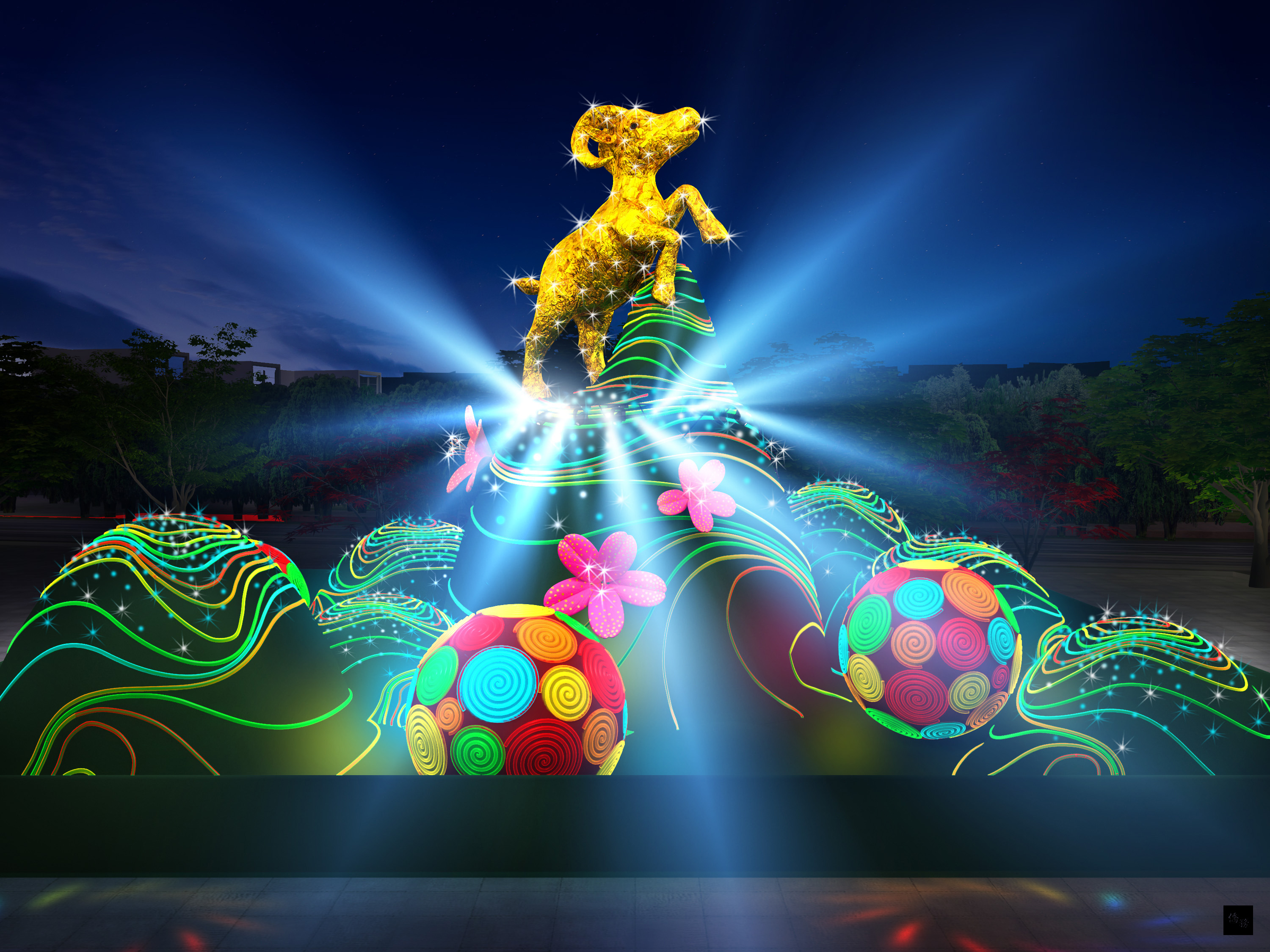 台北市民政局日前公布「2015台北燈節」主燈「金喜羊」設計造型，是一隻金光閃閃的山羊；燈節期間，主燈晚間每30分鐘會表演一次聲光秀。（中央社提供）