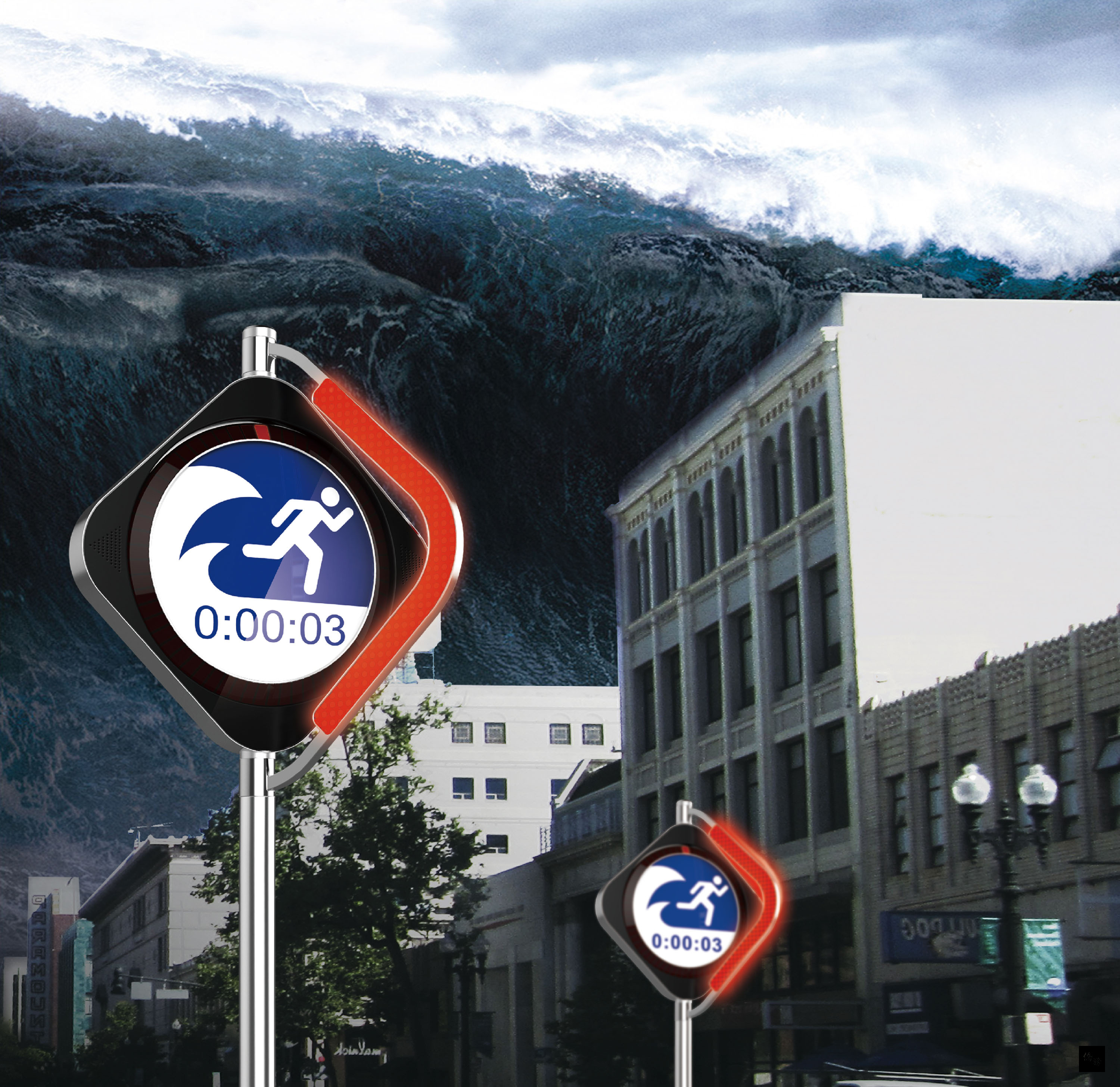 全球地震災害頻傳，台科大學生設計海嘯避難系統，接收海嘯警報後，交通號誌會轉換避難號誌，顯示海嘯到達時間並指引民眾逃生，設計獲德國iF公益獎。（中央社提供）