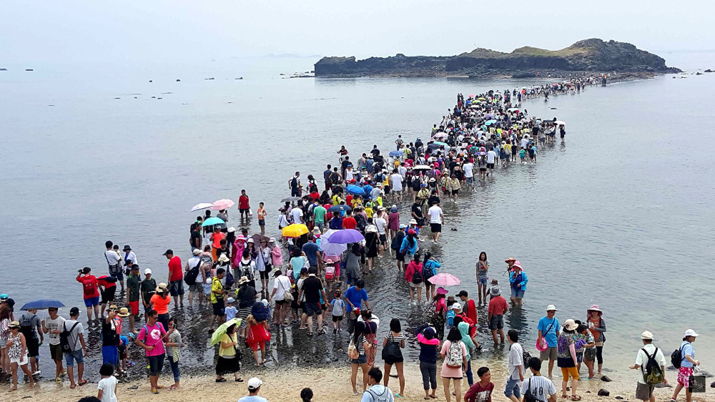 澎湖旅遊最夯的「摩西分海」景點,7月30日遇週休假日,上午同時擁入超過2000名遊客,讓摩西分海變成「摩西人龍」,遊客塞滿整條步道,實地體驗在海底步道踏浪和感受海水的清涼舒暢。(中央社提供)
