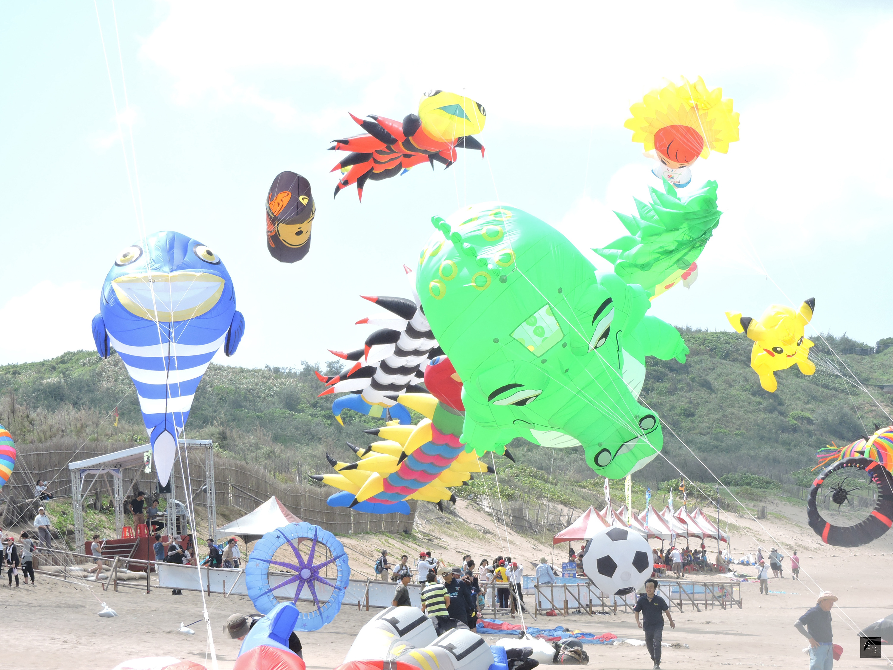 新北市北海岸國際風箏節24日邀世界各國風箏好手齊聚石門白沙灣競技及炫目展演,選手帶來各具代表的風箏,將湛藍的天空妝點得熱鬧非凡。許多遊客看到大型風箏,直呼太漂亮了。(中央社提供)