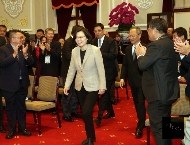 總統蔡英文（前中）15日上午接見「2019年亞洲華人團 體會議」與會僑領及代表。/中央社提供