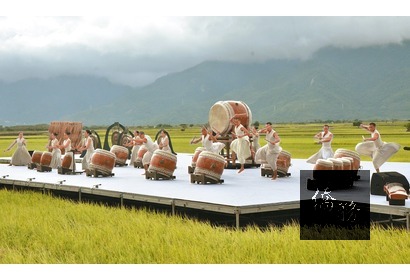 時序入秋，台東池上鄉金城武大樹和伯朗大道、天堂路周邊的稻禾換上金黃色的秋裝，隨風搖曳，今年池上秋收稻穗藝術節邀請優人神鼓在台東池上稻田中演出，牽動人心與自然的共鳴（圖）。(中央社提供)