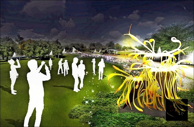 花博豐原葫蘆墩園區打造全台首座琉璃公園，將設置四座大型琉璃藝術品，圖為琉璃工藝「迎賓捧花」。（臺中市政府提供）