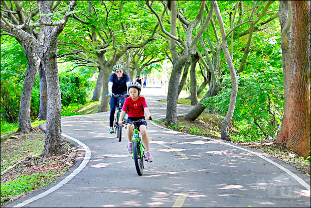 潭雅神綠園道綠樹成蔭，適合親子騎乘。（觀旅局提供）