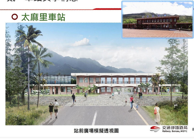 南迴鐵路電氣化後，沿線8個火車站也將融入美學概念整建，太麻里火車站將配合觀日出，圖模擬透視圖，右上小圖為現在火車站。