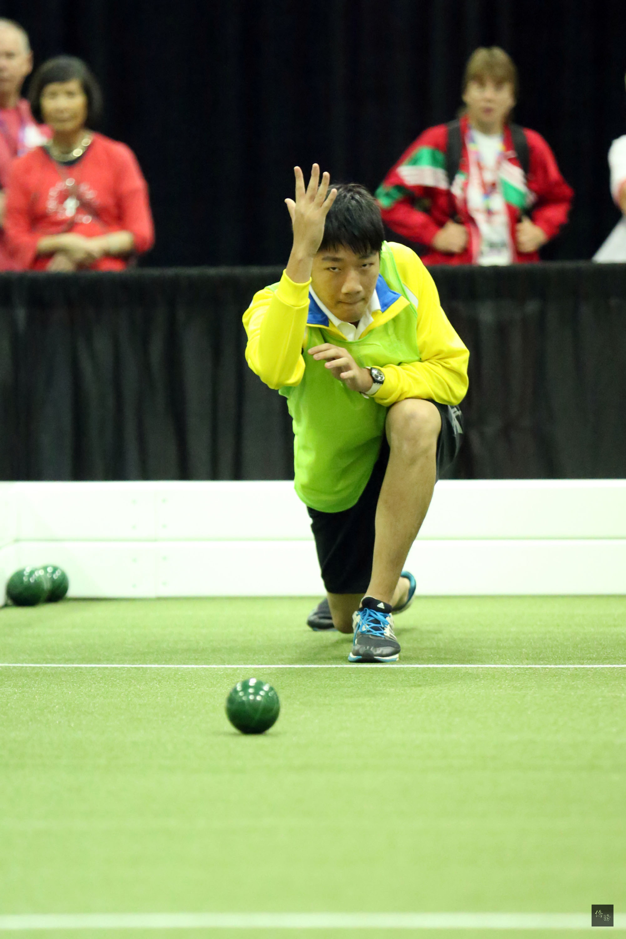 2015年洛杉磯夏季特殊奧運7月27日滾球團體賽，中華隊楊喬登表現出色，幫助男子團體拿下金牌。（中央社提供）