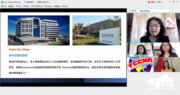 鄭莉容(右上)向大家介紹聖地牙哥宜人的氣候、美麗的風景名勝,同時也是新創科技大城。