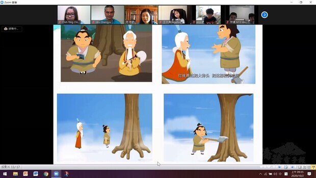 施麗溱以看圖說故事的方式向小朋友們講述「吳剛伐桂」的故事。