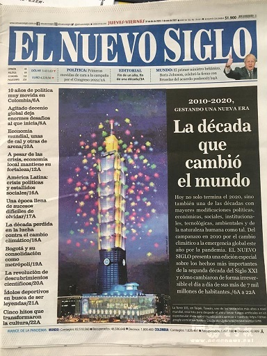 哥倫比亞主流媒體「新世紀報」(El Nuevo Siglo)於封面刊登台北101的跨年燈光煙火秀
