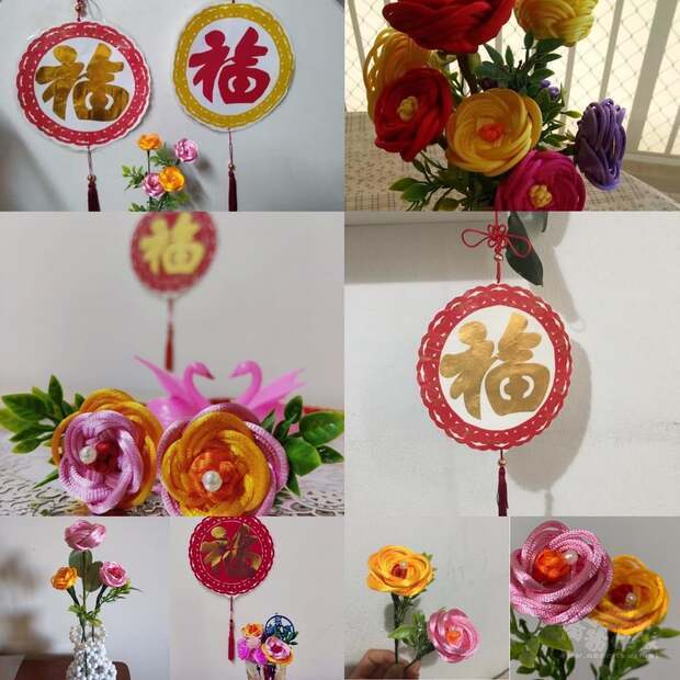 學員學習成果「花開富貴」中國結藝及「福氣臨門」福字掛飾。