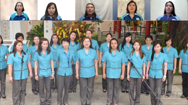 中正學院泉笙培幼園教師高唱「日落的那邊」和「慈光歌」等詩歌。