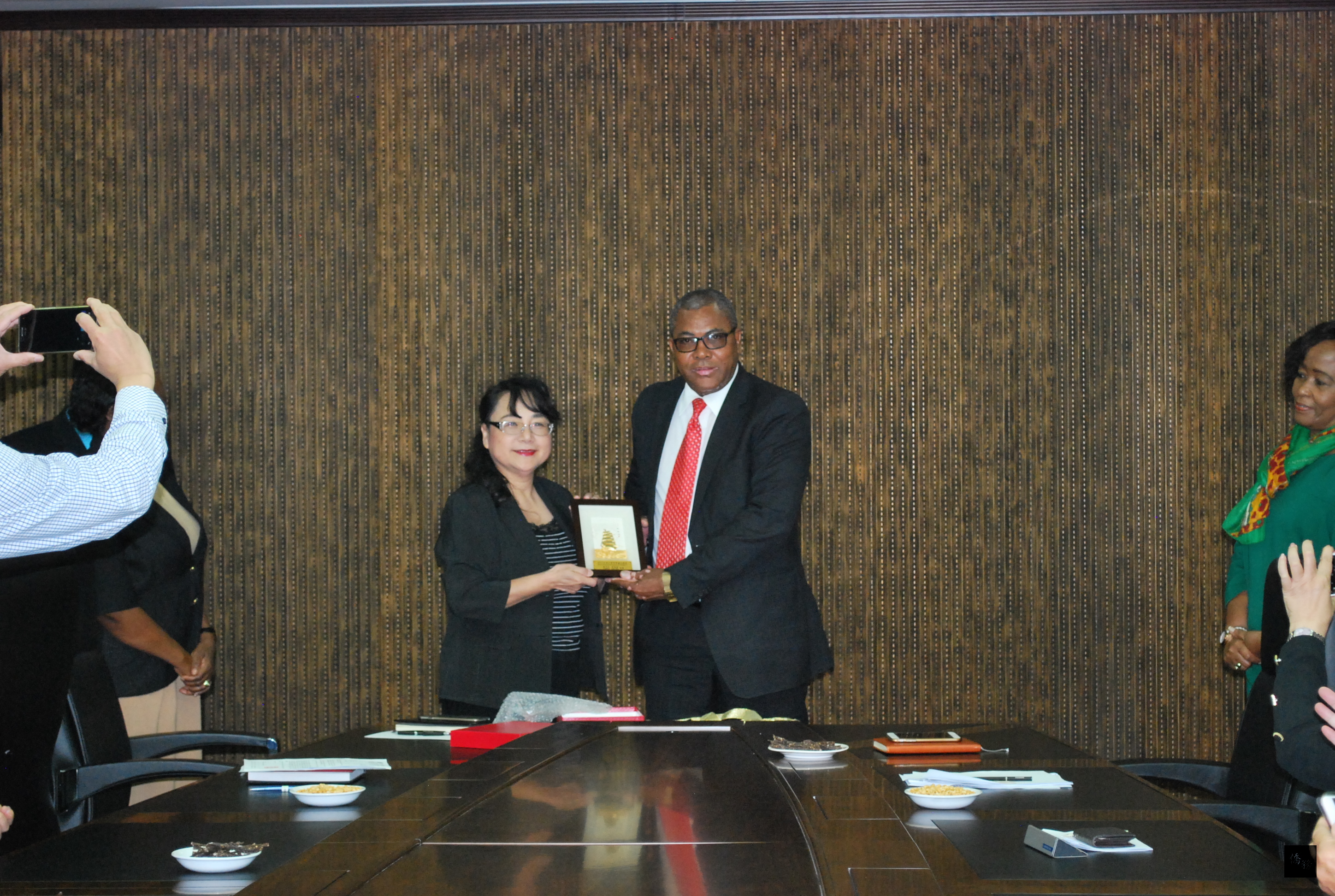 非洲臺灣商會聯合總會總會長溫嵐珠率員拜會納米比亞總統府，雙方熱烈交流。（駐南非代表處提供）