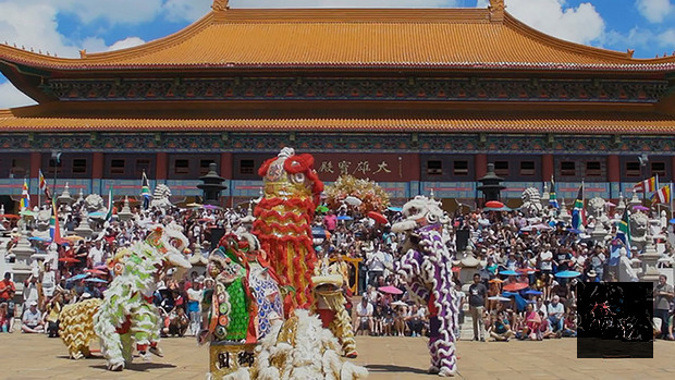 佛光山南非南華寺舉辦中華嘉年華會迎春節。緊鑼密鼓聲中,6頭顏色不同尺寸不一的舞獅上場,可愛的萌樣,俏皮的動作,逗得全場觀眾拍手叫好。(中央社提供)