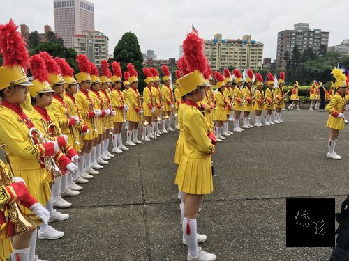 The Taipei Jingmei Girls' High School Military Band equipped with a full compliment of drums, trombones, saxophones and flutes on Sunday at the National Dr. Sun Yat-sen Memorial Hall in Taipei.Photo courtesy of CNA