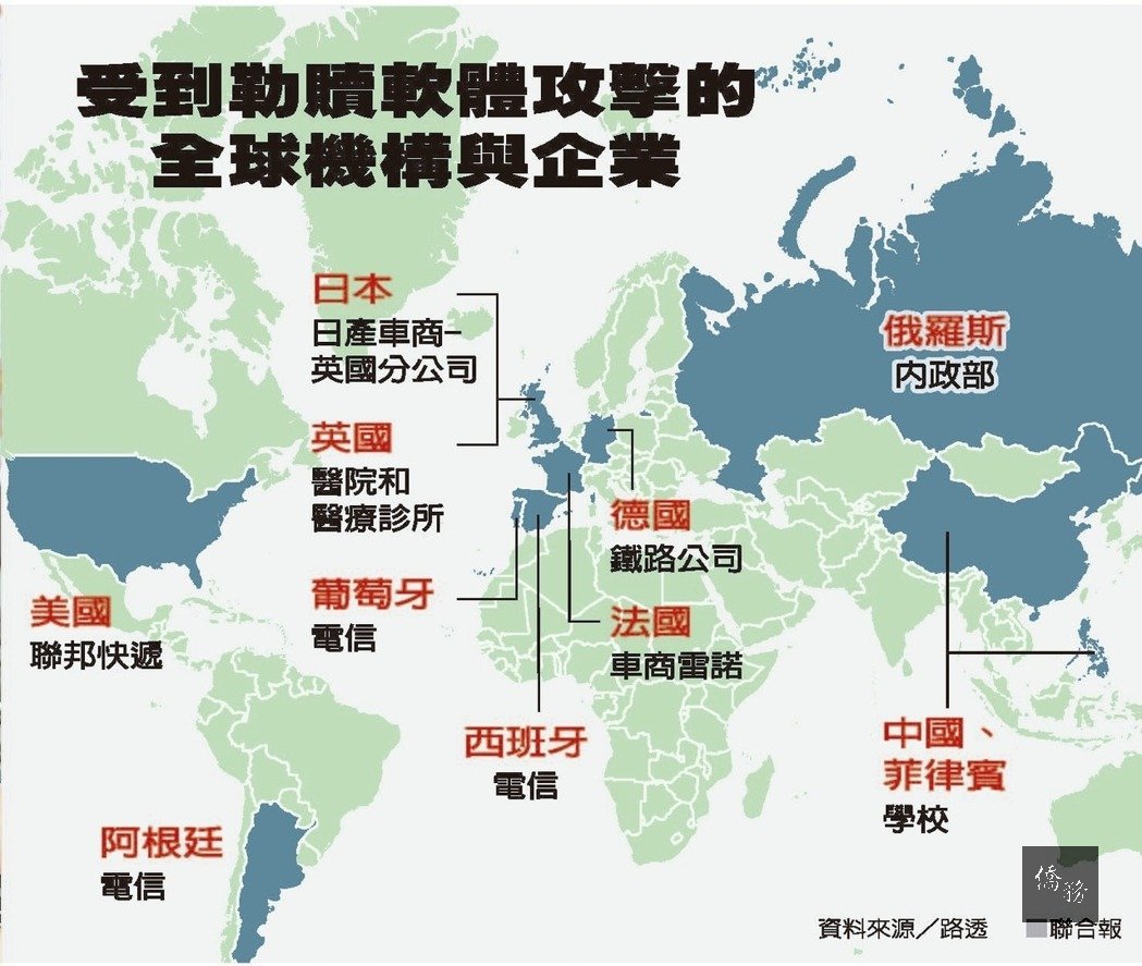 受到勒索病毒攻擊的全球機構與企業。(圖/聯合報提供)