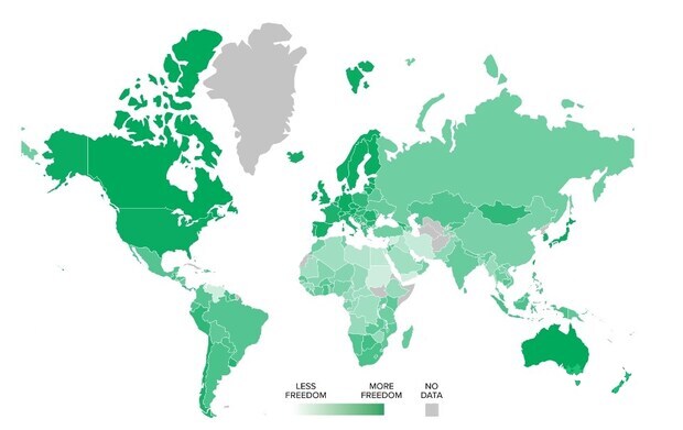 美國及加拿大智庫發表「人類自由指數」報告，地圖上顏色深淺代表這個國家自由度多寡。（圖取自卡托研究所網頁cato.org）