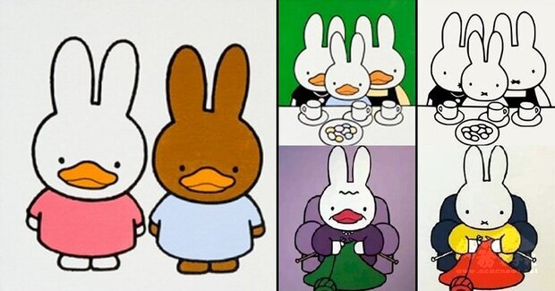 中國廣東省廣州美術學院教授馮峰近期展出的「鴨兔元旦」作品,被質疑抄襲荷蘭知名卡通角色米飛兔。(圖取自推特)